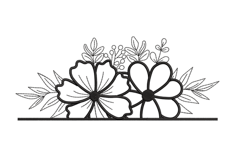 Floral outline border duo embroidery in black with two large round open-petalled flowers and pointed leaves on a wide stitched baseline.