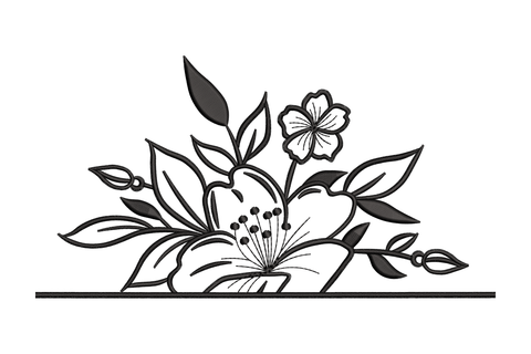 Floral outline border embroidery with open-outline lily and five-petal flowers on a baseline bar, light airy style, 4 to 8 inch wide, single colour.