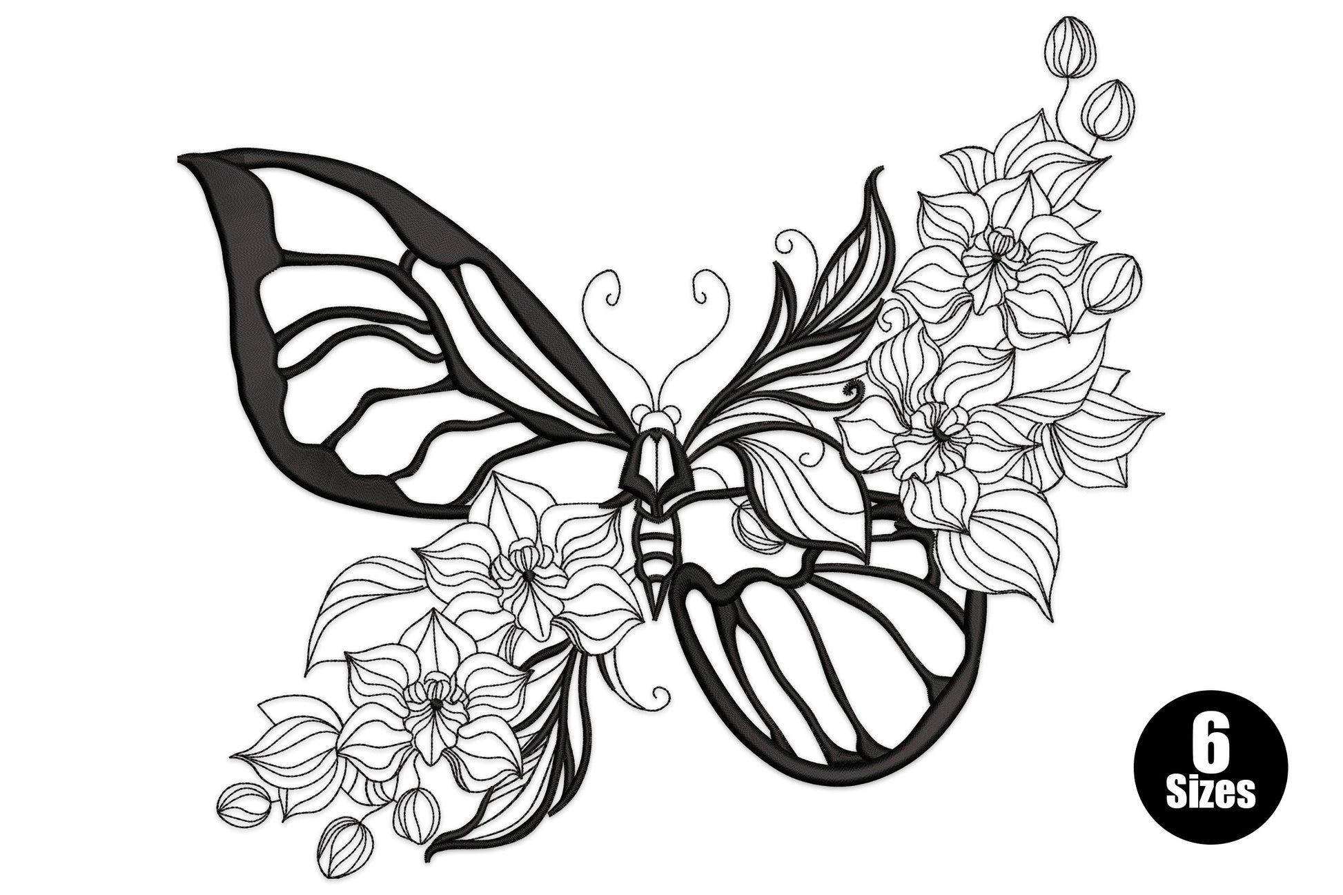 Floral outline butterfly with heavy filled black left wing and right wing dissolving into cosmos and hibiscus line art.