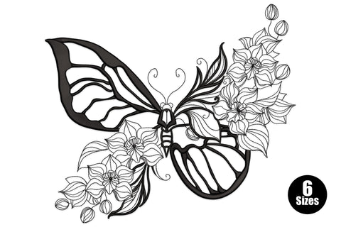 Floral outline butterfly with heavy filled black left wing and right wing dissolving into cosmos and hibiscus line art.