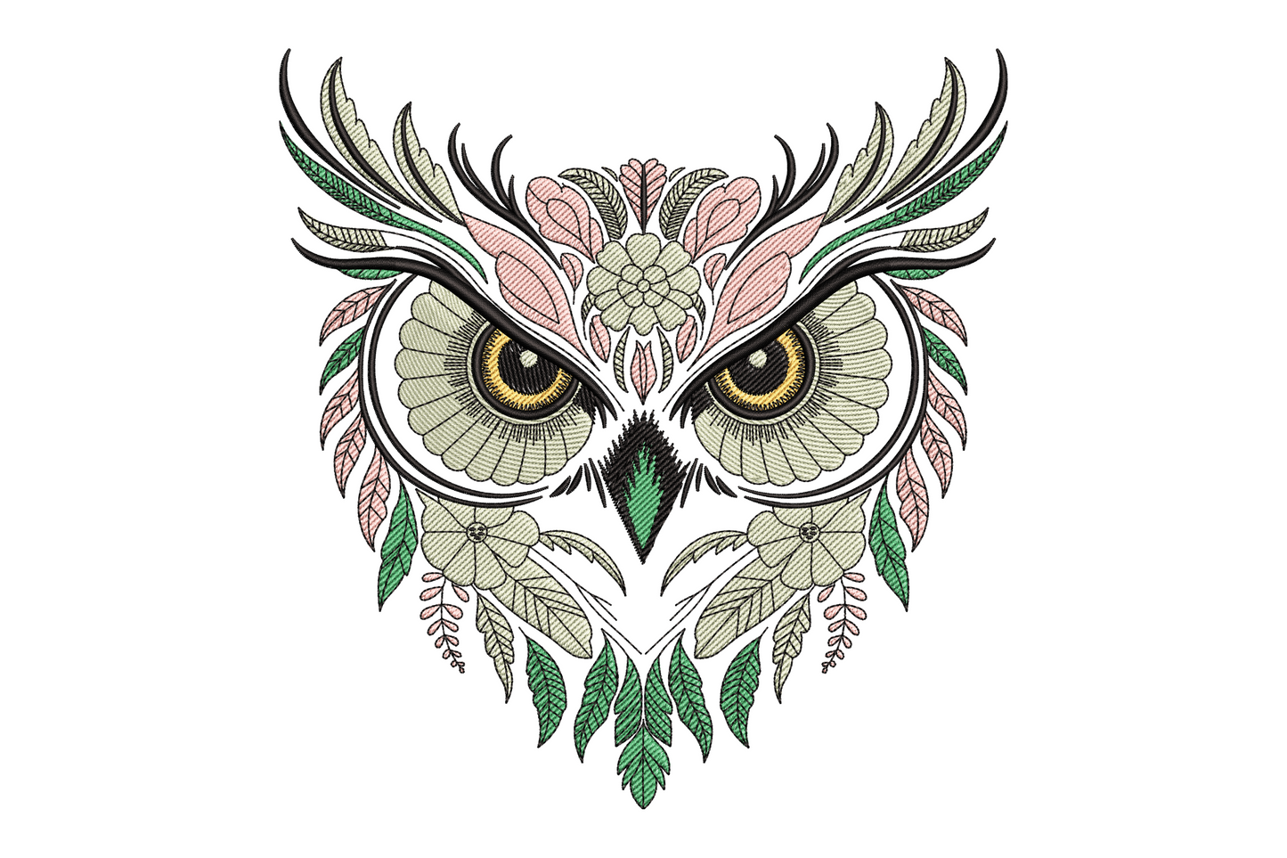 Floral owl face embroidery, cream and sage feather rings, pink blooms, golden eyes and green leaf lower body.