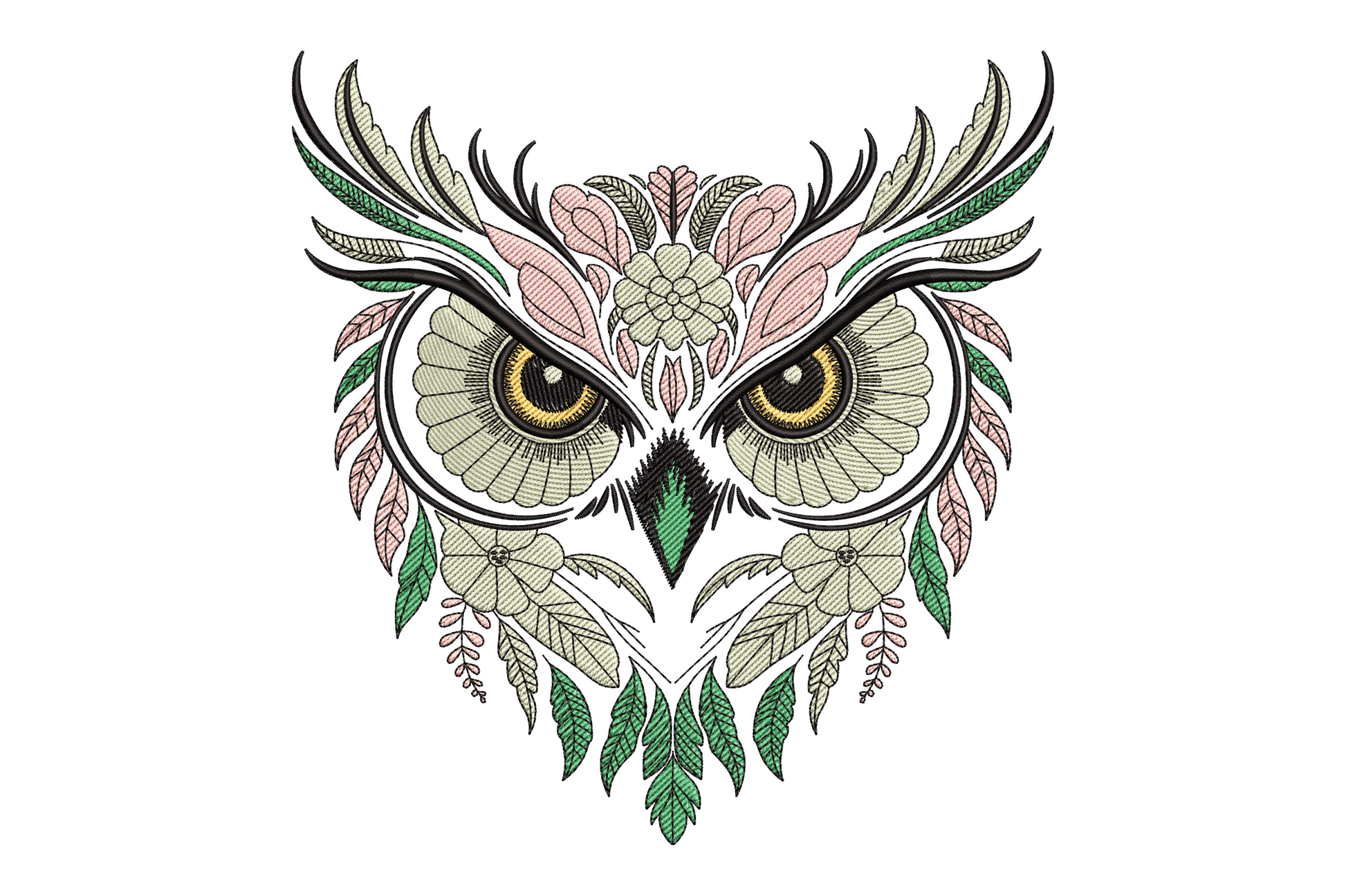 Floral owl face embroidery, cream and sage feather rings, pink blooms, golden eyes and green leaf lower body.