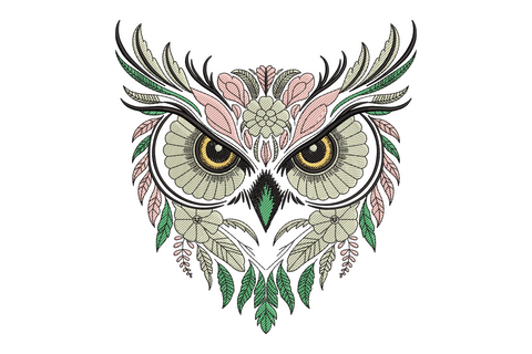 Floral owl face embroidery, cream and sage feather rings, pink blooms, golden eyes and green leaf lower body.