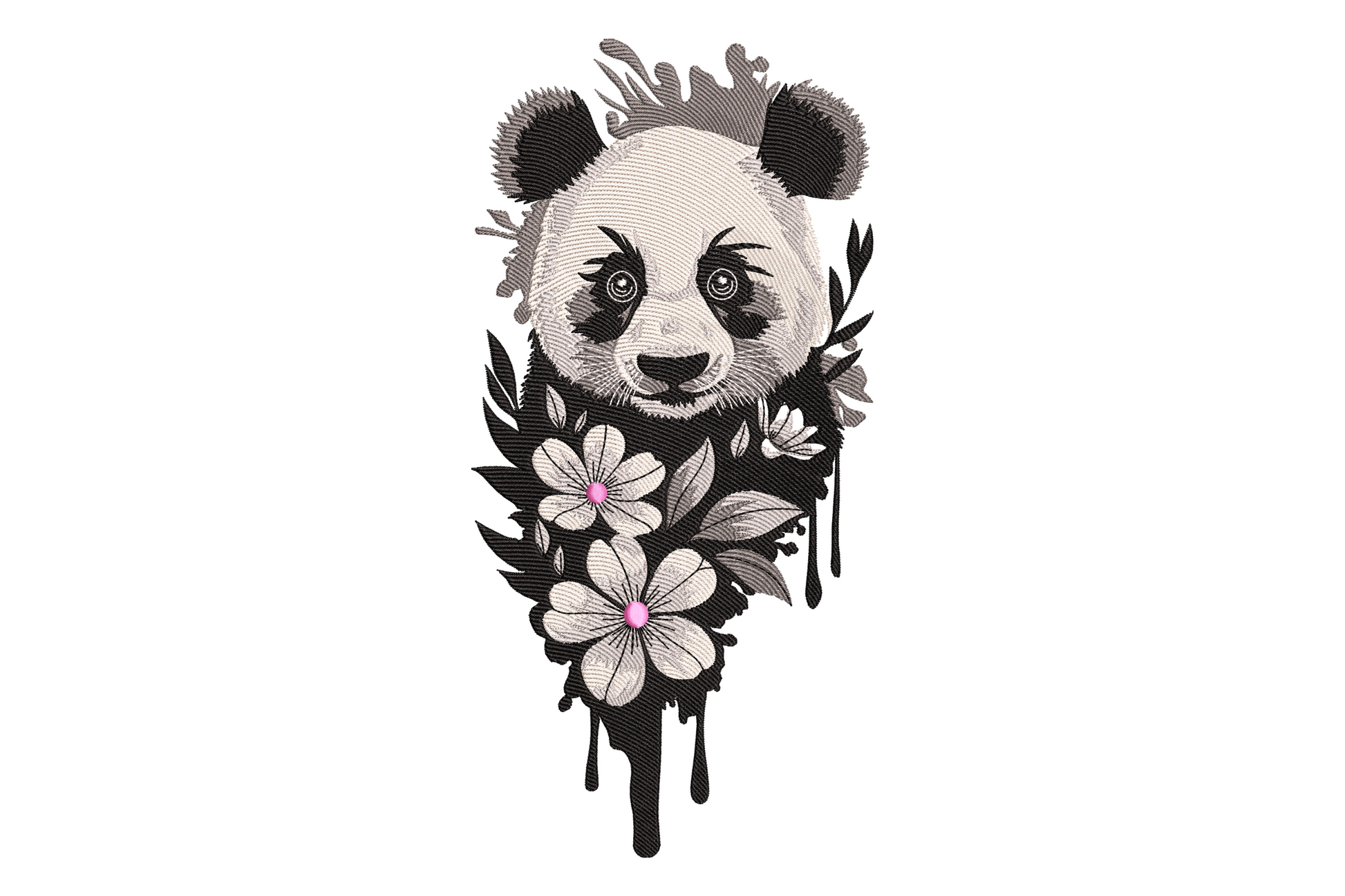 Kawaii floral panda embroidery design with matte black eye patches, ivory face, and dusty pink floral crown on white background