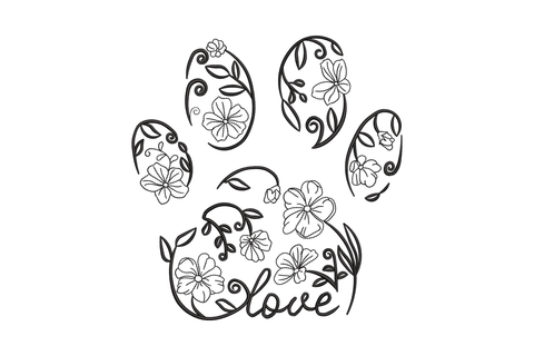 Floral paw print LOVE embroidery design with vine scroll flowers inside toe pads and cursive love script below, single black colour, 5 to 8 inch.