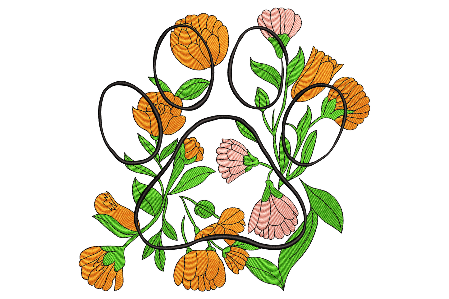 Floral paw print embroidery with orange tulips, pink bells and green leaves weaving through a black paw outline