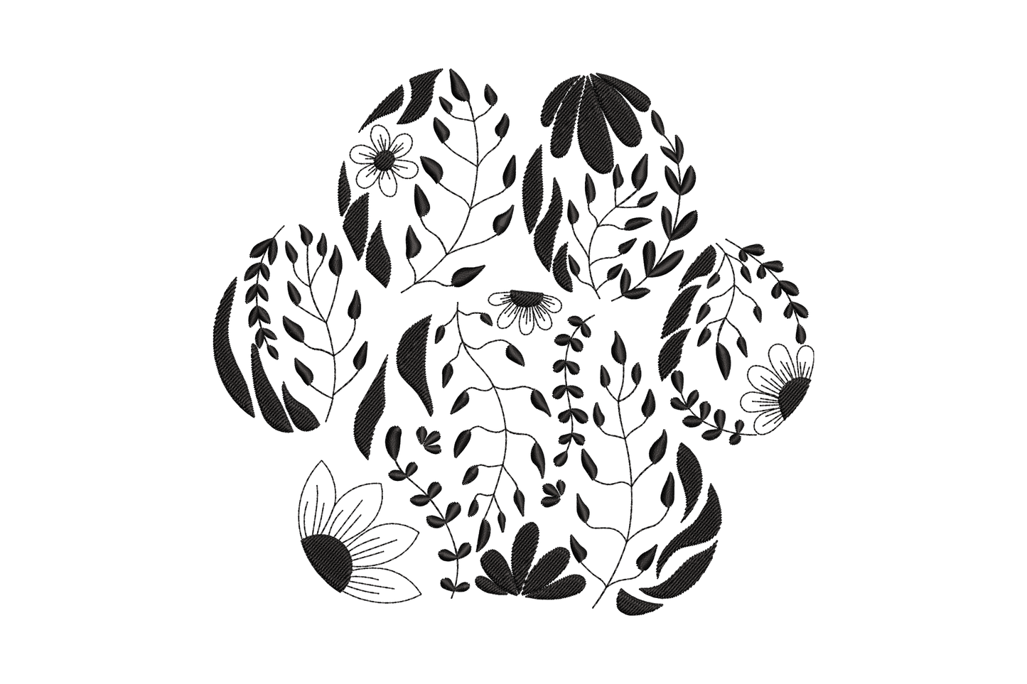 Floral paw print embroidery, leaves and tiny flowers shaped into a paw silhouette, single black thread sketch style
