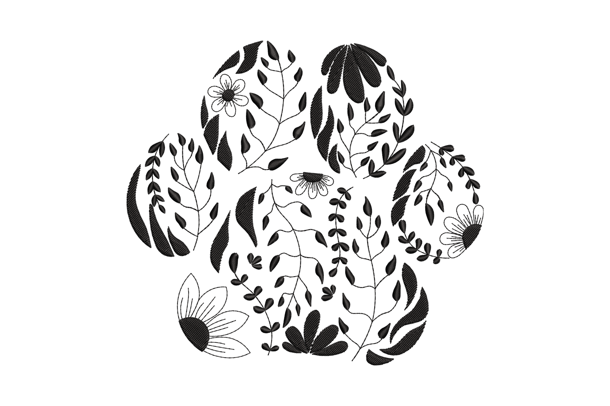 Floral paw print embroidery, leaves and tiny flowers shaped into a paw silhouette, single black thread sketch style