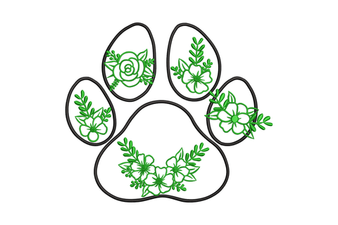 Floral paw print outline embroidery design with individual green flower clusters inside each toe pad and main pad on a bold black paw, 7 to 10 inch.