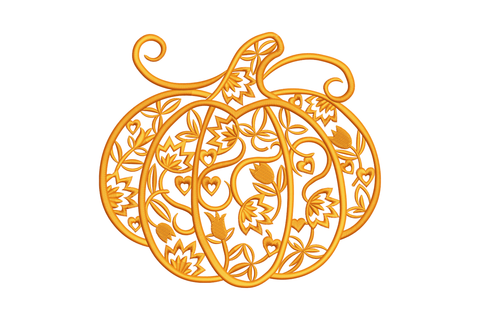 Floral pumpkin machine embroidery design with botanical flowers and vines filling the pumpkin silhouette, single colour, 5 sizes from 3.19 to 6.81 inches wide, autumn thanksgiving theme