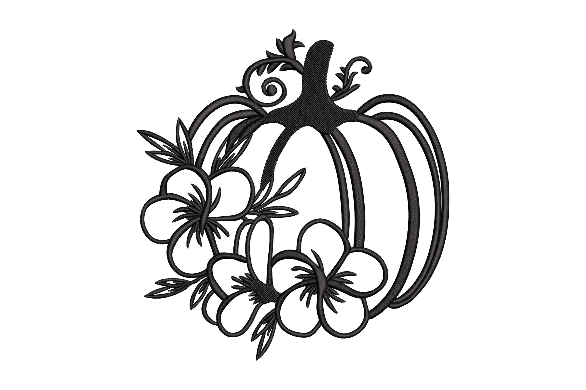 Floral pumpkin outline embroidery design with botanical flowers and curling stem in single black thread satin outline