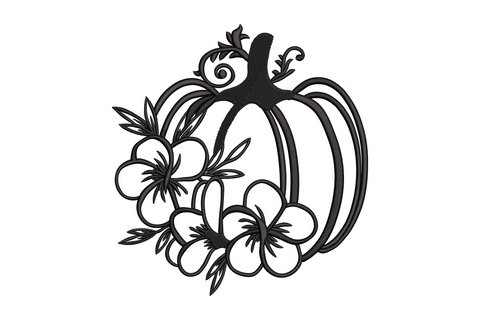 Floral pumpkin outline embroidery design with botanical flowers and curling stem in single black thread satin outline