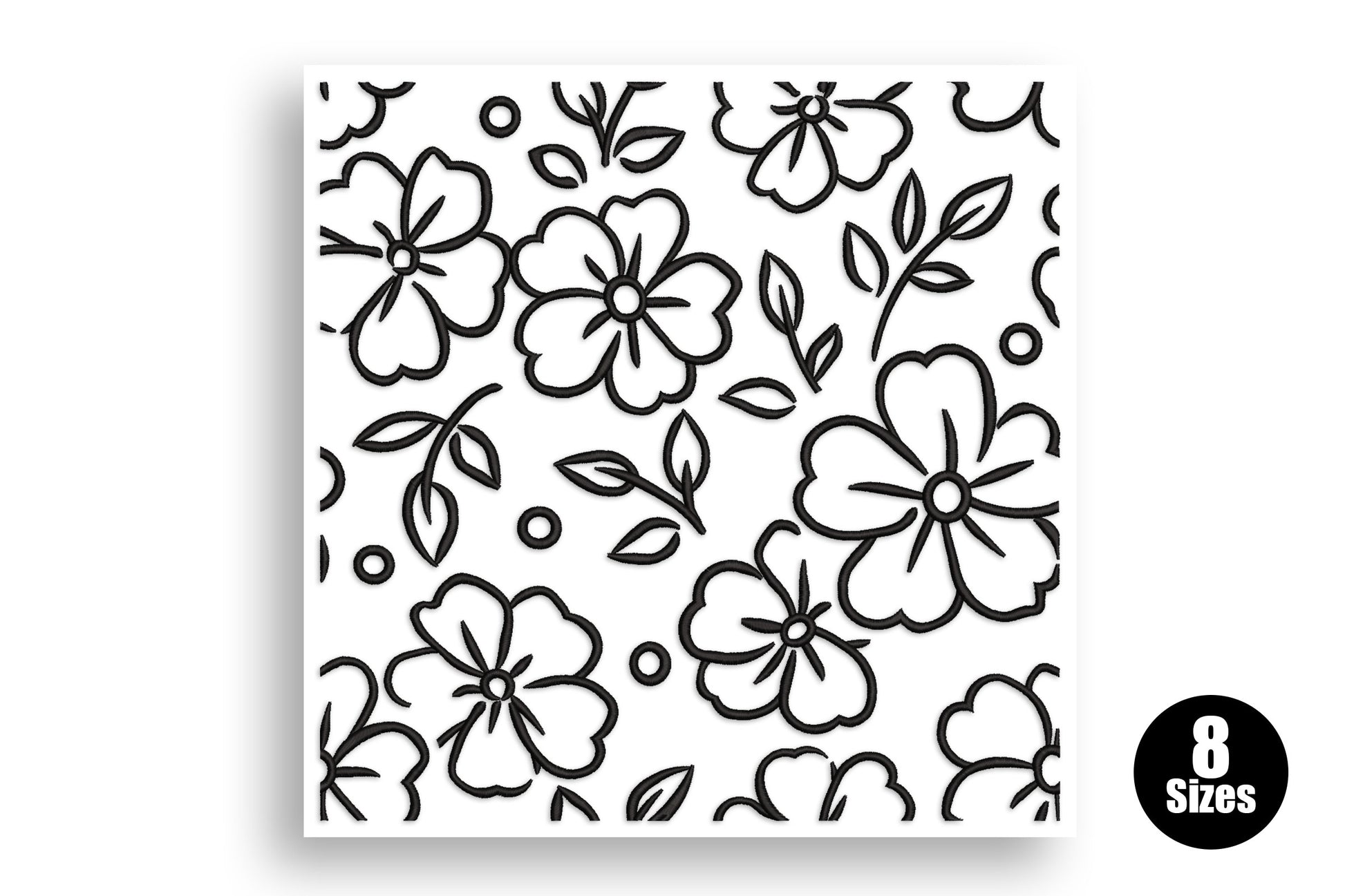 Floral quilting block embroidery in black outline, four-quadrant tile with open flowers, buds and leaf sprigs.
