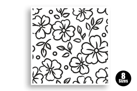 Floral quilting block embroidery in black outline, four-quadrant tile with open flowers, buds and leaf sprigs.