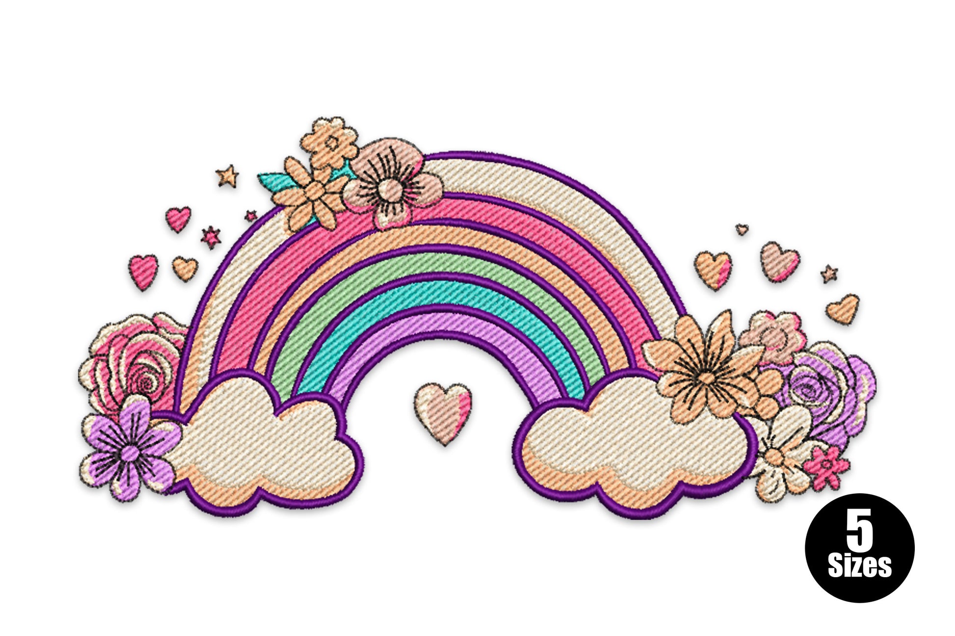 Floral rainbow embroidery design with boho wildflower arc in 9 thread colours, for denim and linen