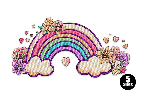 Floral rainbow embroidery design with boho wildflower arc in 9 thread colours, for denim and linen