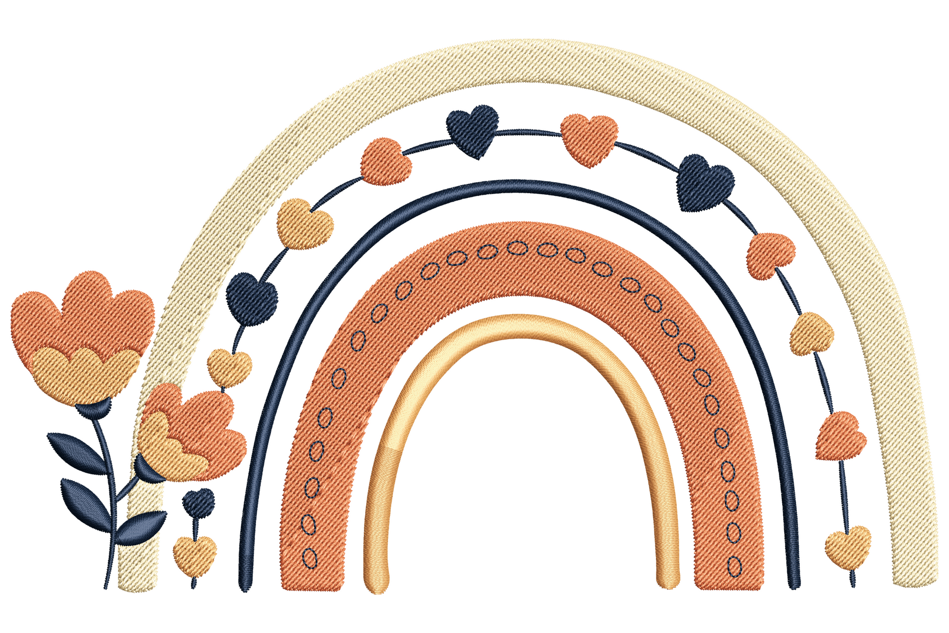 Boho rainbow arch in cream, terracotta and navy with heart garland and floral cluster, 4-colour kids embroidery.