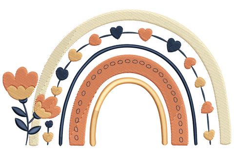 Boho rainbow arch in cream, terracotta and navy with heart garland and floral cluster, 4-colour kids embroidery.