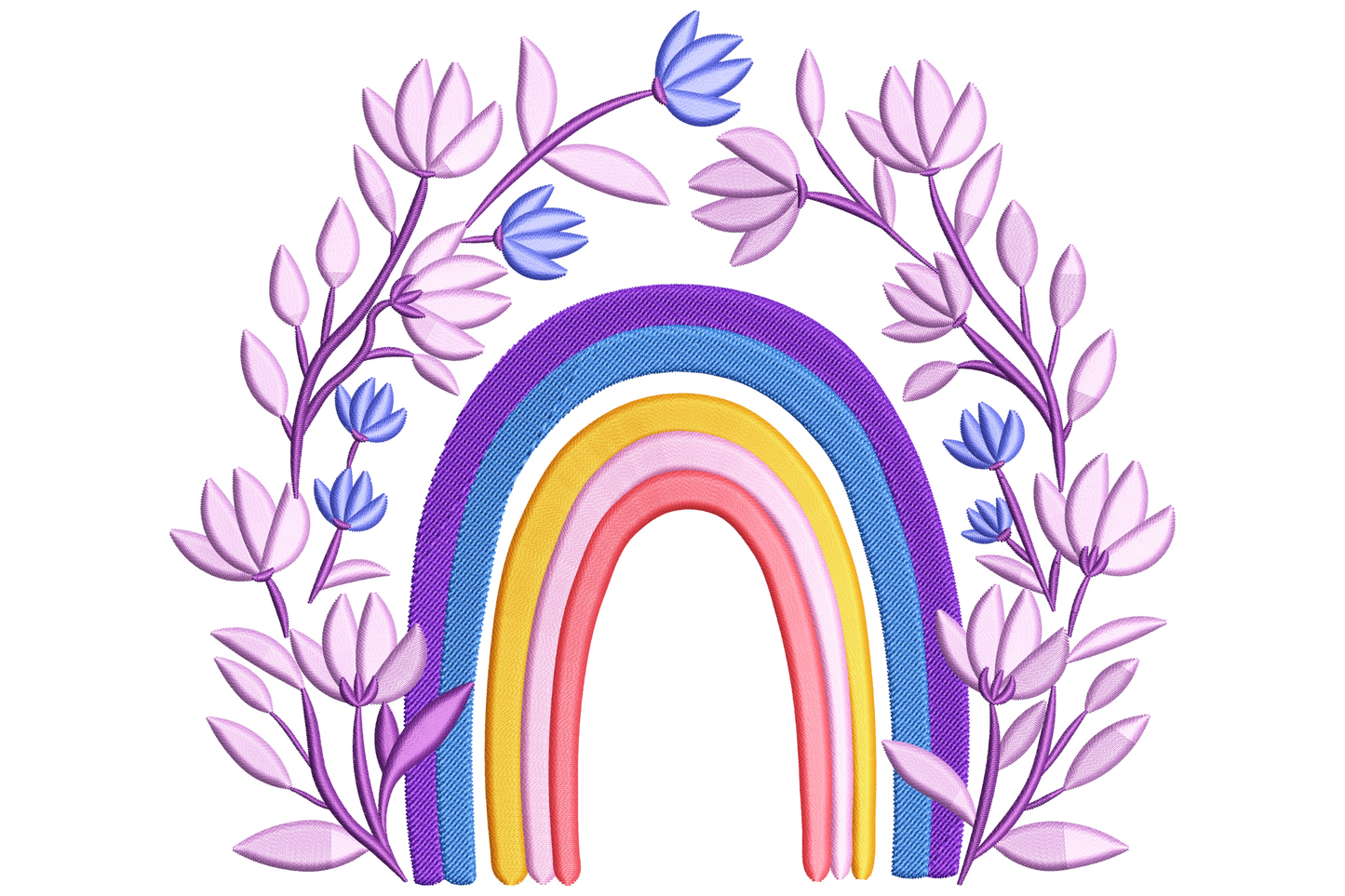 Pastel floral rainbow embroidery design with purple, blue, yellow and pink arc framed by lavender tulip stems on both sides.