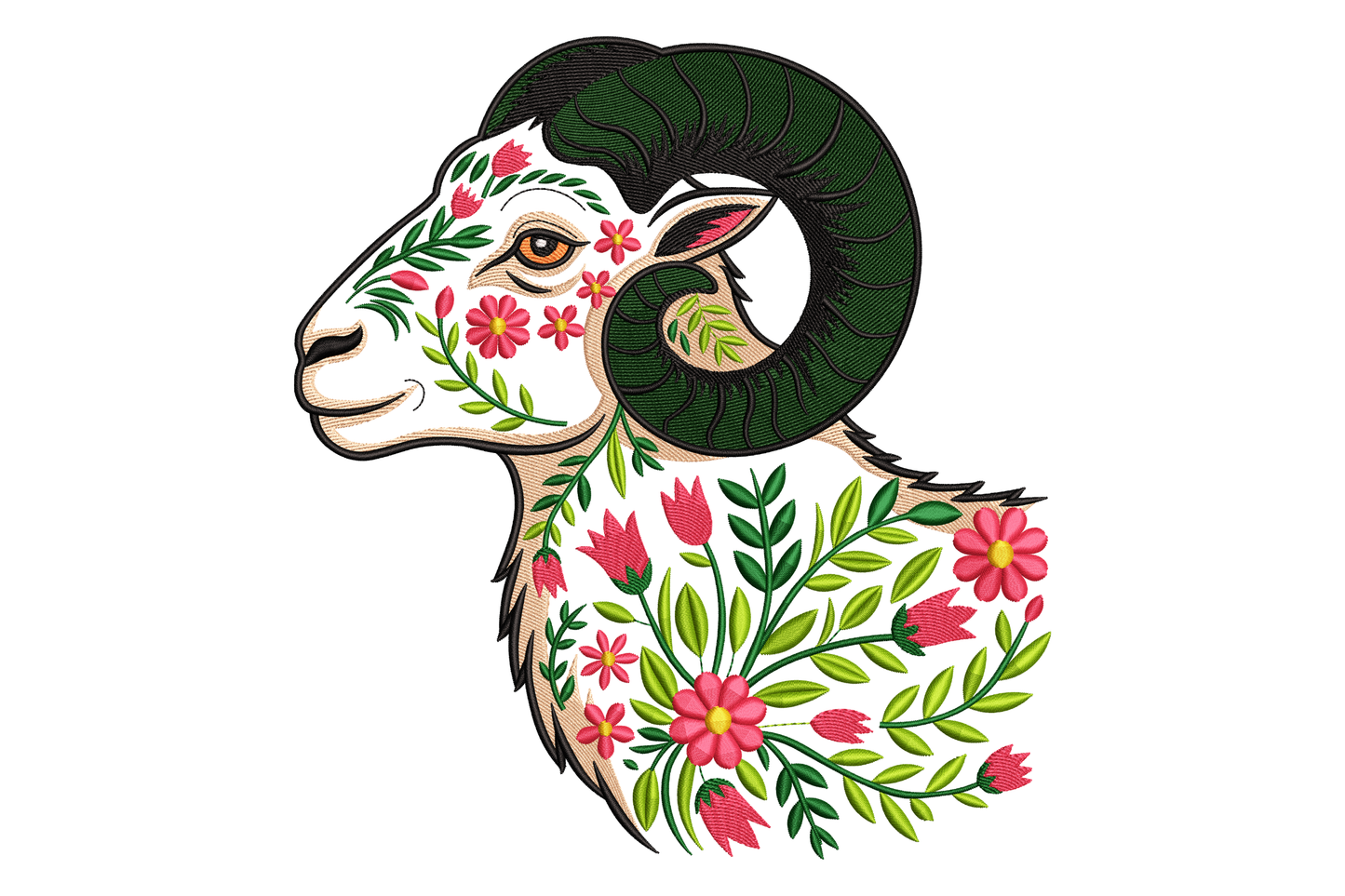 Decorative illustration of a ram's head with floral patterns on a white background