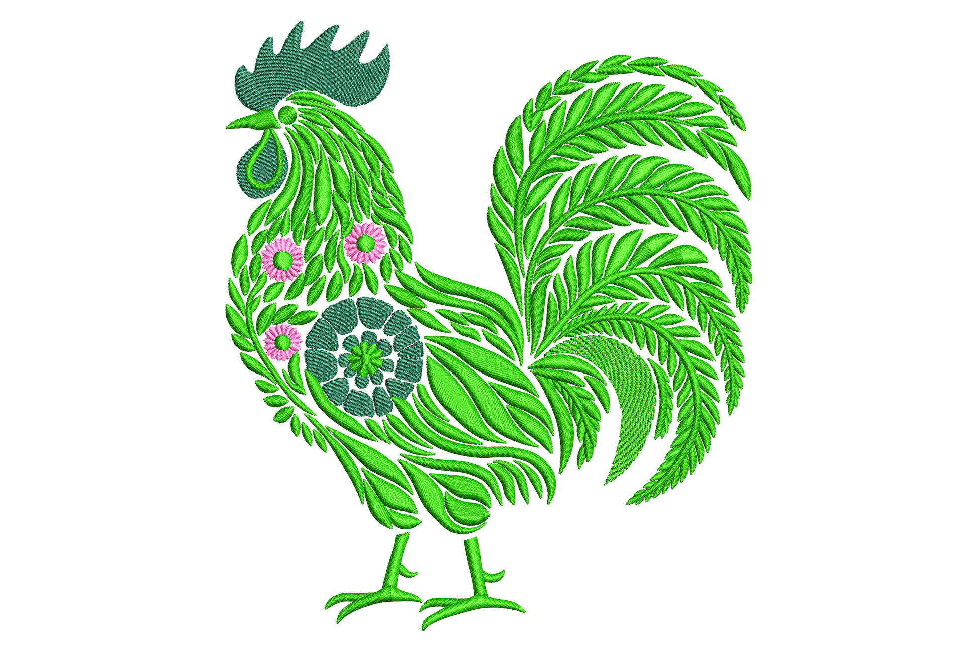 Folk art floral rooster embroidery design with lime green leaf and fern motifs filling the bird body and pink daisy flowers at breast, 9 sizes.