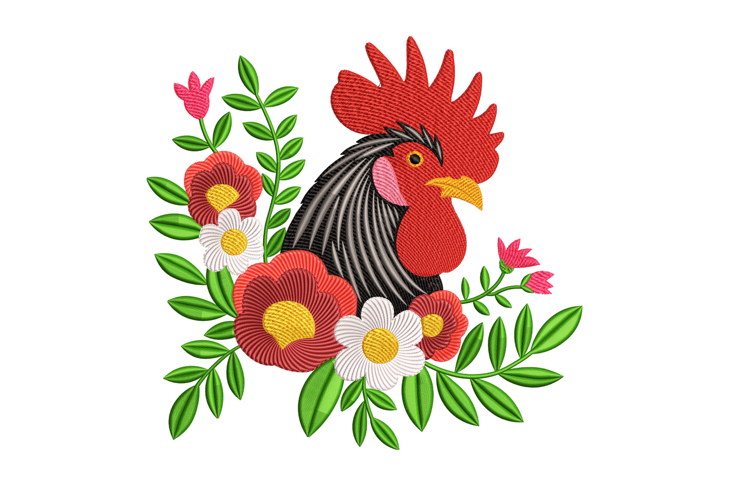 Embroidered design of a rooster with flowers and leaves on a white background