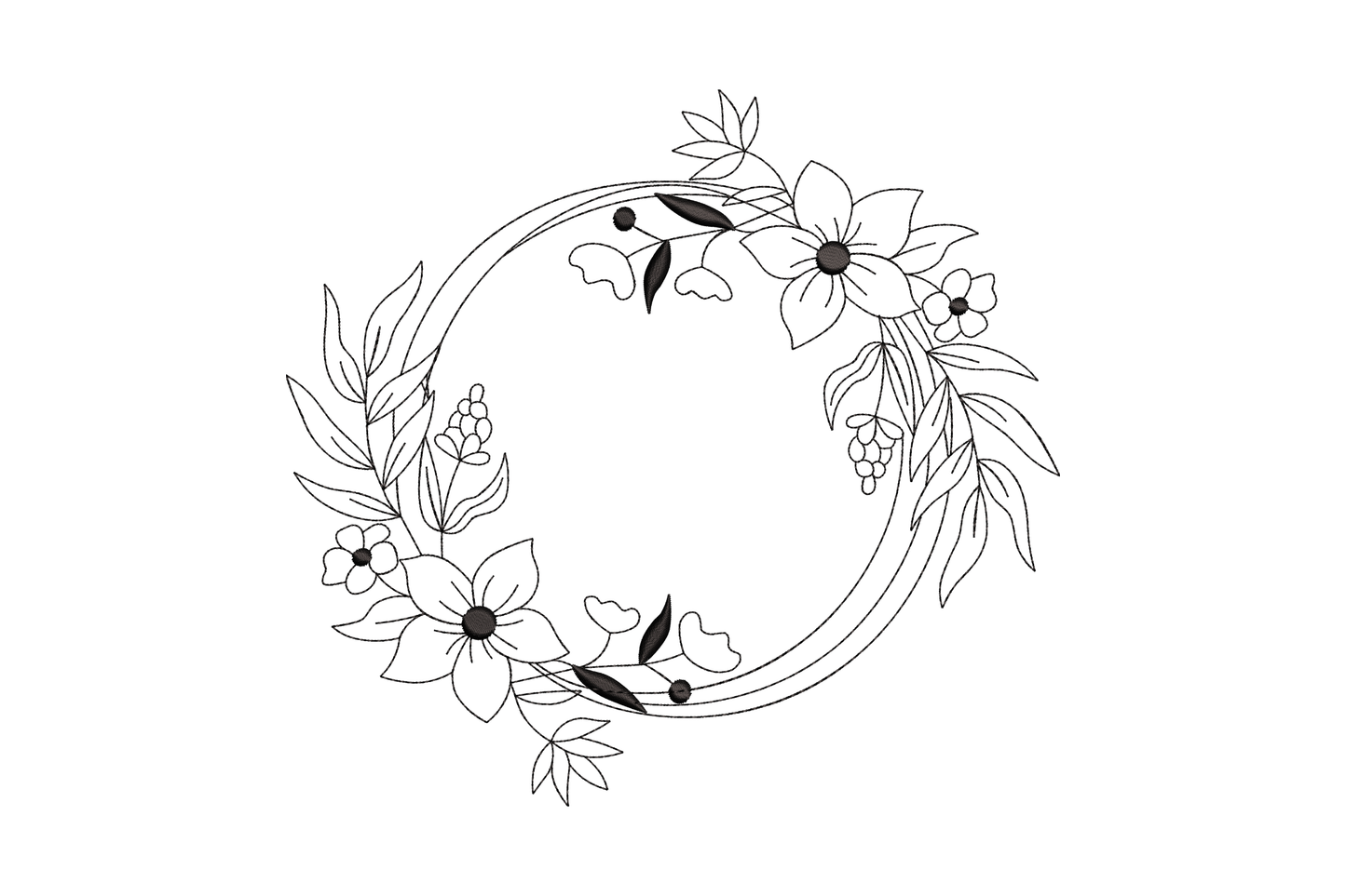 Floral round frame outline embroidery, circle ring with anemone wreath clusters in opposite quadrants, black thread.