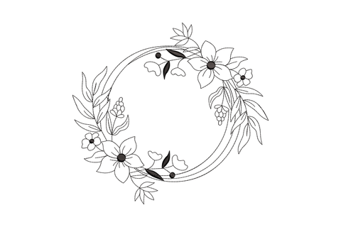 Floral round frame outline embroidery, circle ring with anemone wreath clusters in opposite quadrants, black thread.