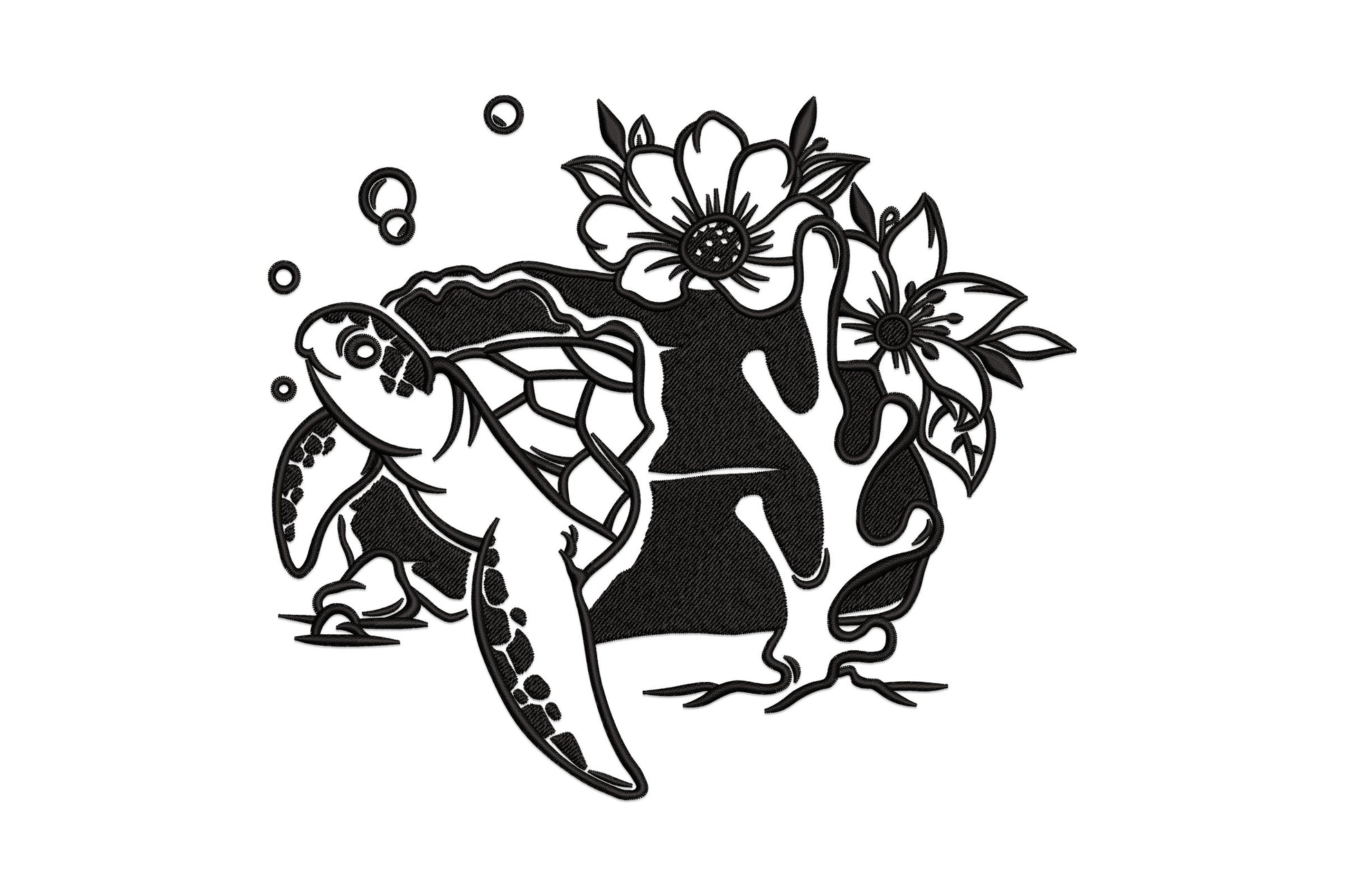 Floral sea turtle embroidery design with dense black satin body, open anemone flowers, bubble rings and seagrass, single colour high-contrast silhouette style.