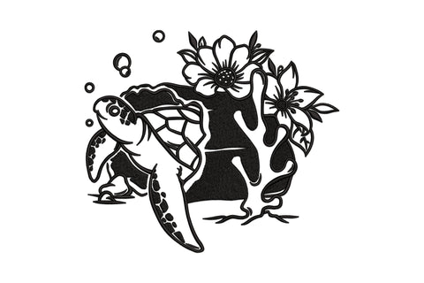 Floral sea turtle embroidery design with dense black satin body, open anemone flowers, bubble rings and seagrass, single colour high-contrast silhouette style.