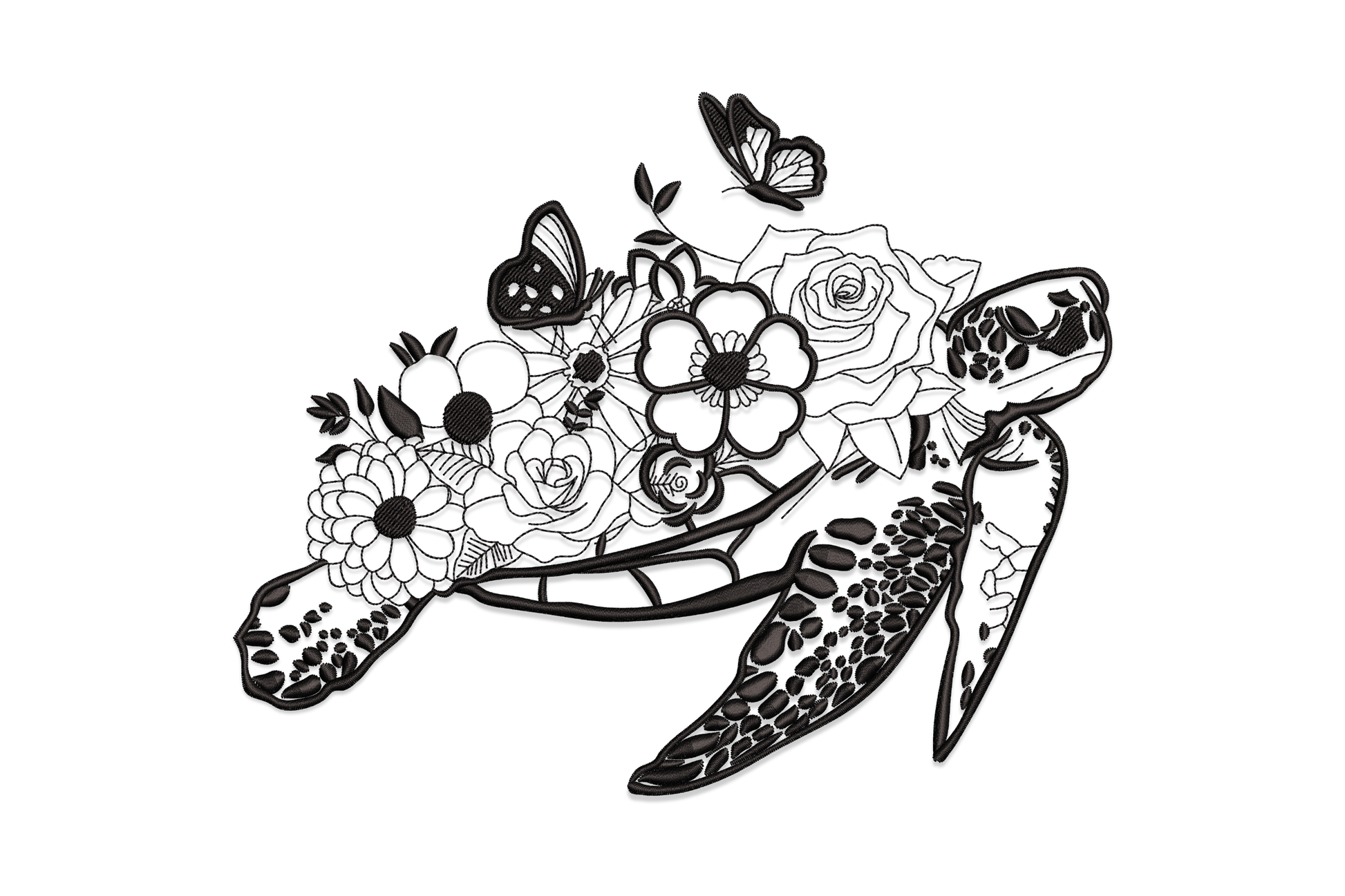 Floral sea turtle embroidery design in black line art, turtle body formed from roses, daisies and anemone blooms, two butterflies nearby.