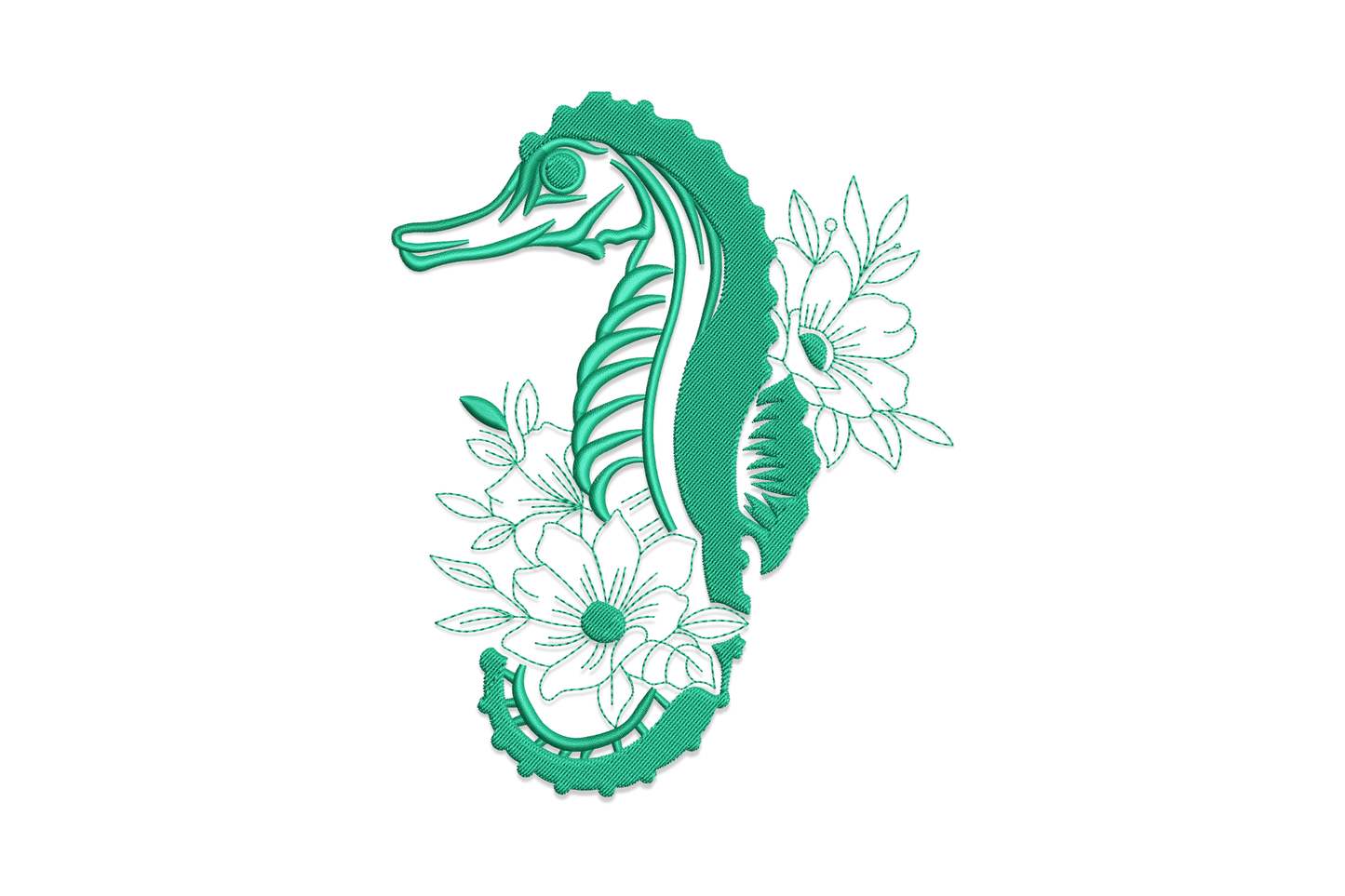 Floral seahorse embroidery design, single colour seahorse silhouette filled with botanical flowers and leaf details