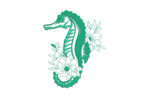 Floral seahorse embroidery design, single colour seahorse silhouette filled with botanical flowers and leaf details