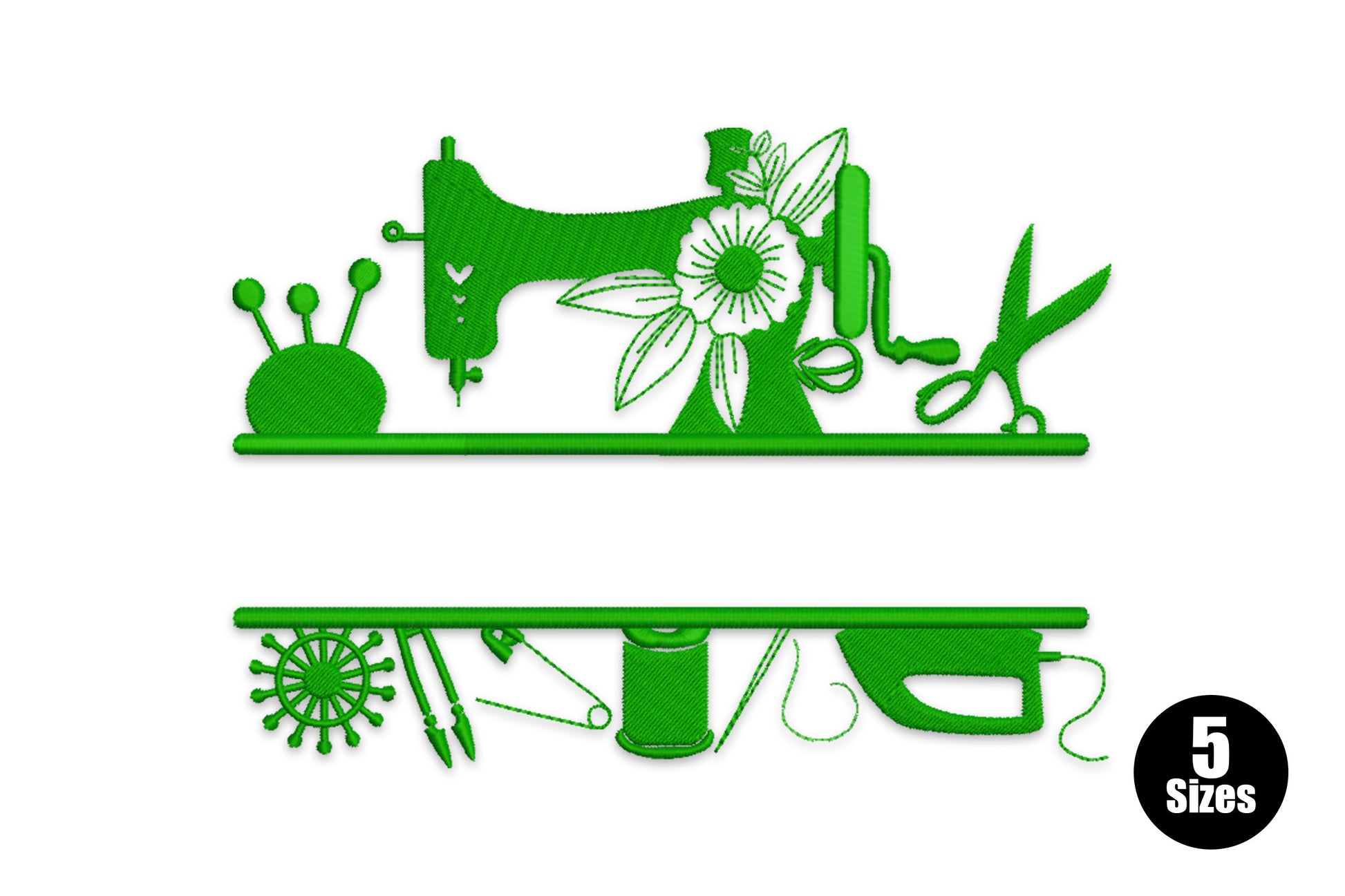Split-frame sewing border embroidery: vintage sewing machine, pincushion, scissors, daisy, thread spool and bobbin gear