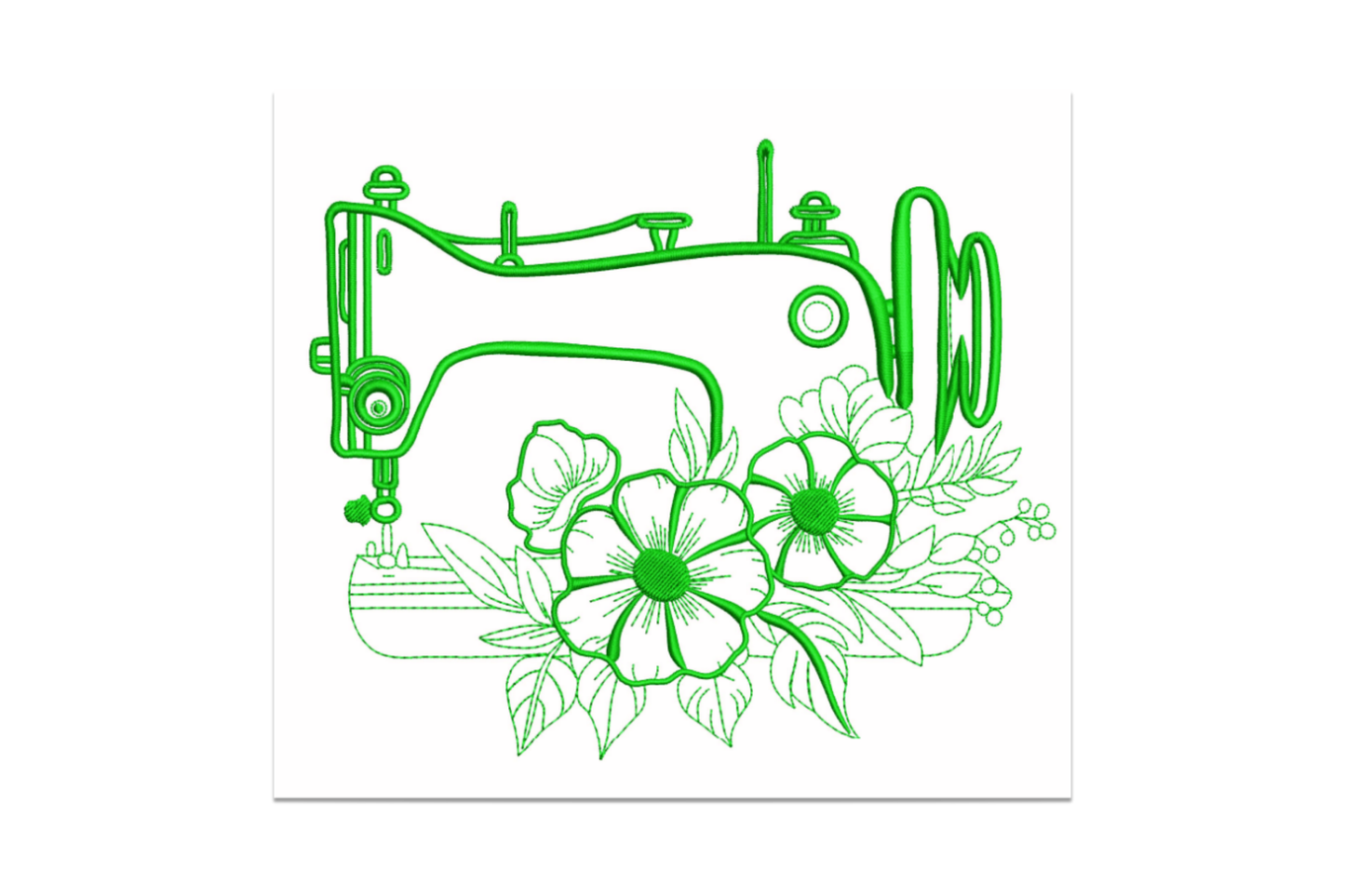 Floral sewing machine embroidery design, vintage cabinet sewing machine outline with roses and leaf sprigs in single green linework on white linen.