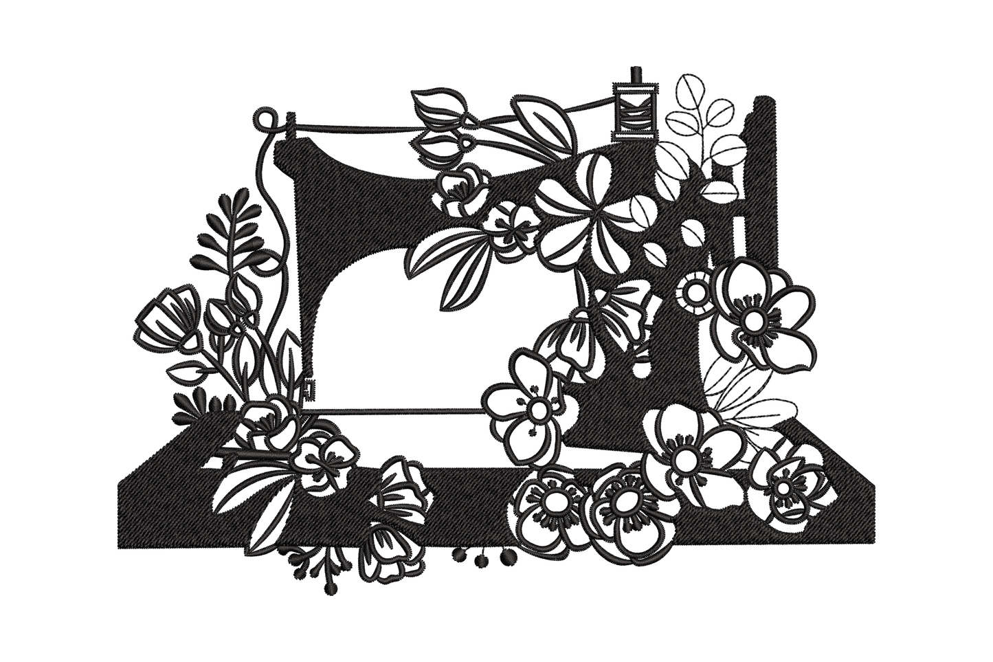 Floral sewing machine silhouette embroidery design with botanical vine detail, single colour, 3 sizes up to 5.24 inches wide