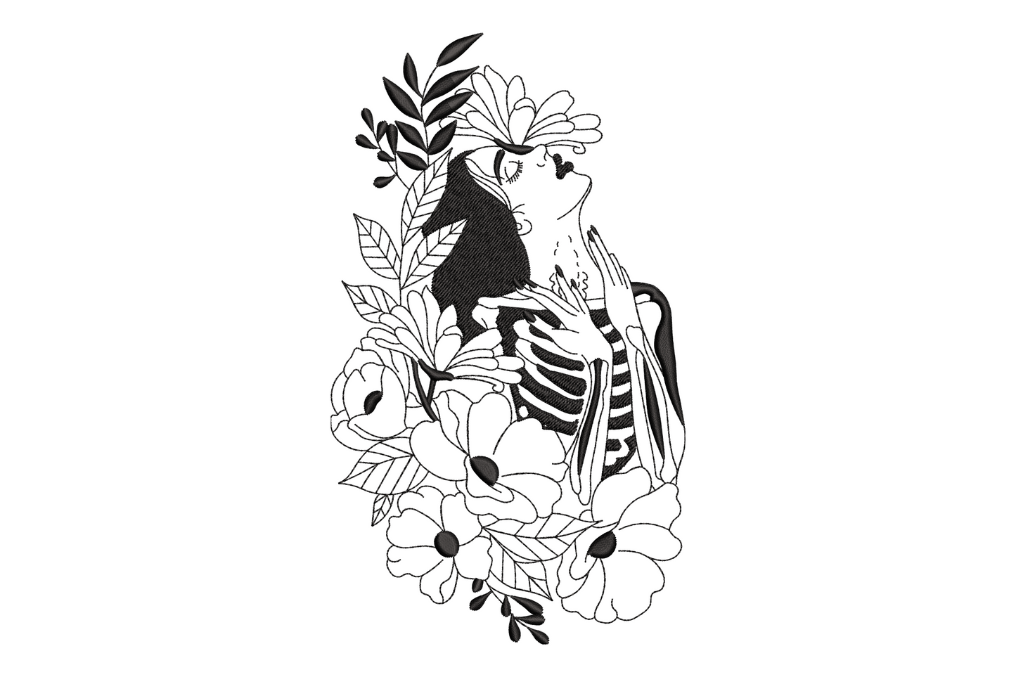 Floral skeleton woman line art embroidery design, single black thread, skeleton torso surrounded by open hibiscus and poppy blooms with botanical branches