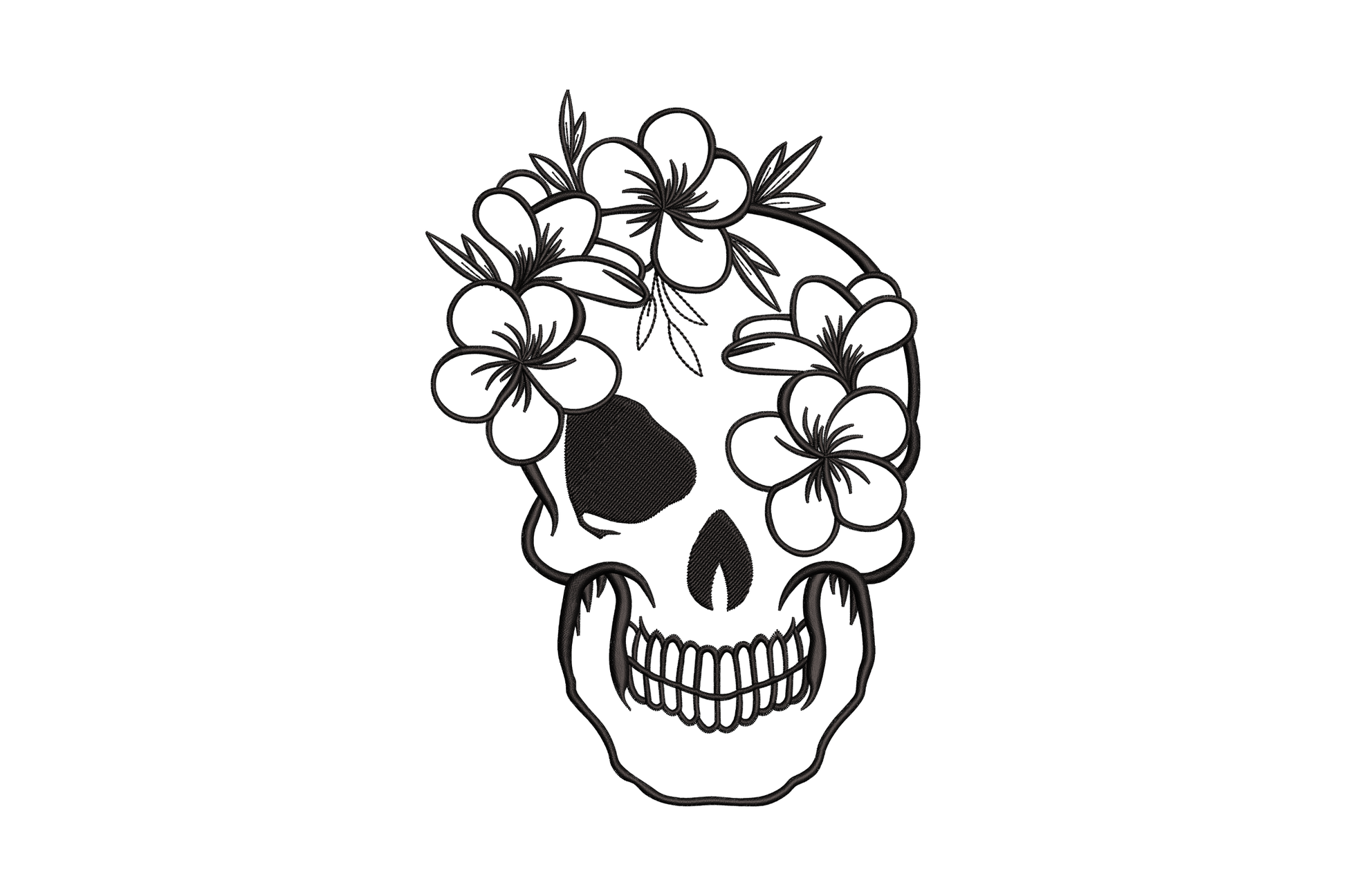 Floral skull embroidery design with hibiscus flowers filling the cranium, black machine embroidery pattern for hoodies and gothic tote bags.