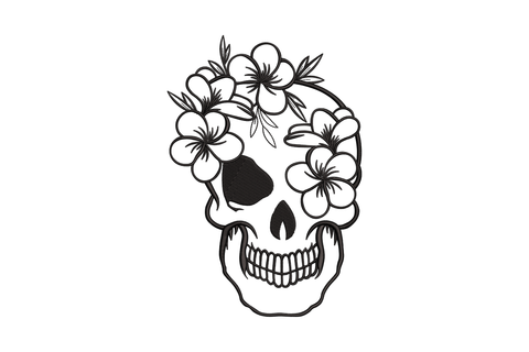 Floral skull embroidery design with hibiscus flowers filling the cranium, black machine embroidery pattern for hoodies and gothic tote bags.