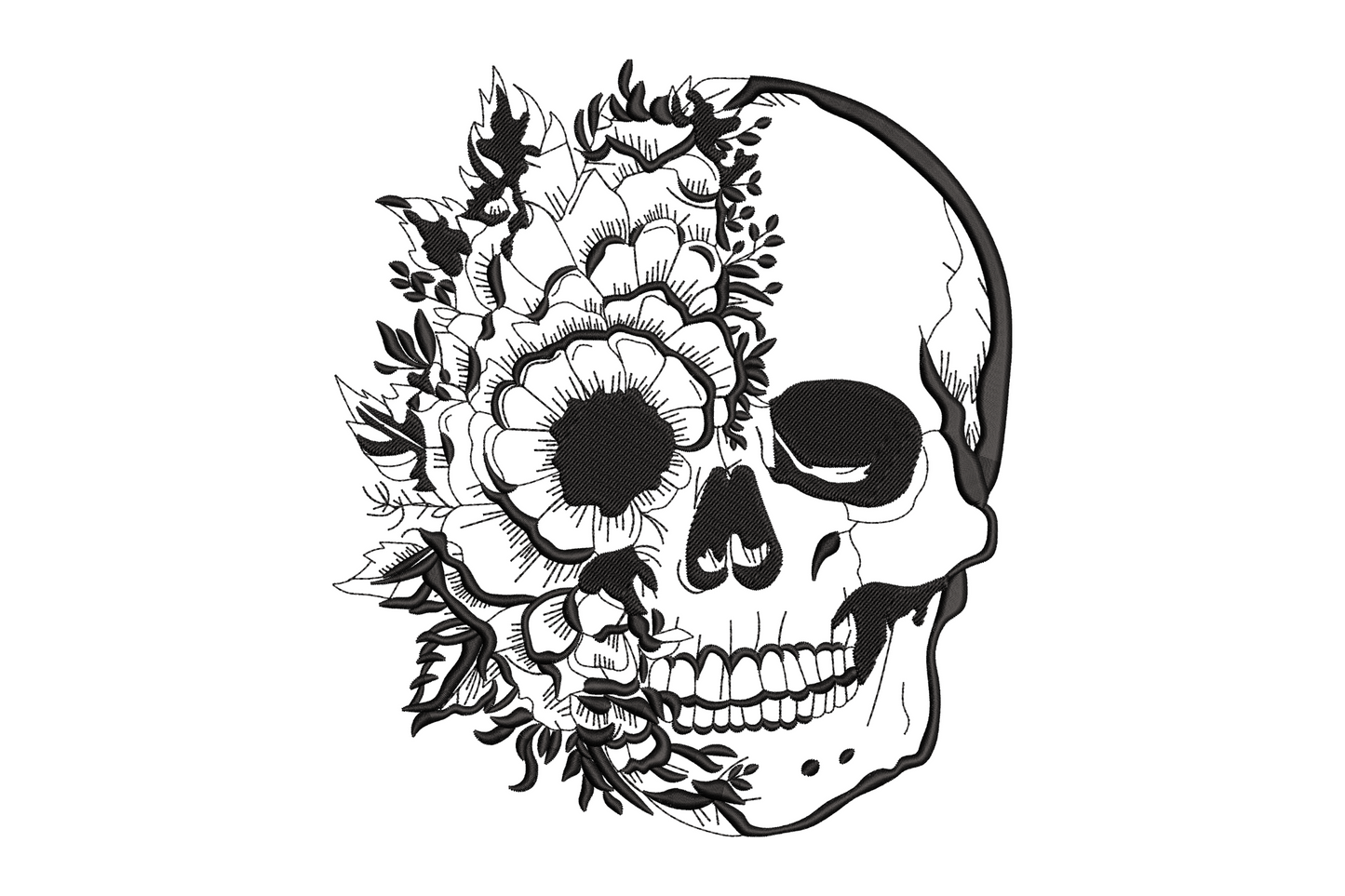 Gothic floral skull machine embroidery design, botanical roses and leaves, single black thread, 5 sizes, halloween pattern