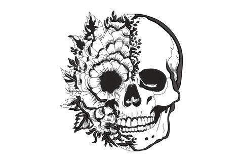 Gothic floral skull machine embroidery design, botanical roses and leaves, single black thread, 5 sizes, halloween pattern