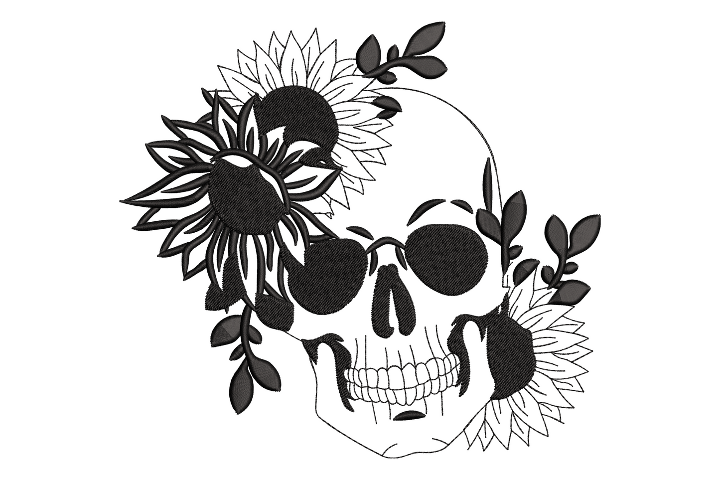 Floral skull line art embroidery, single colour botanical outline, roses and leaves forming skull, gothic, 6.81 inch max size