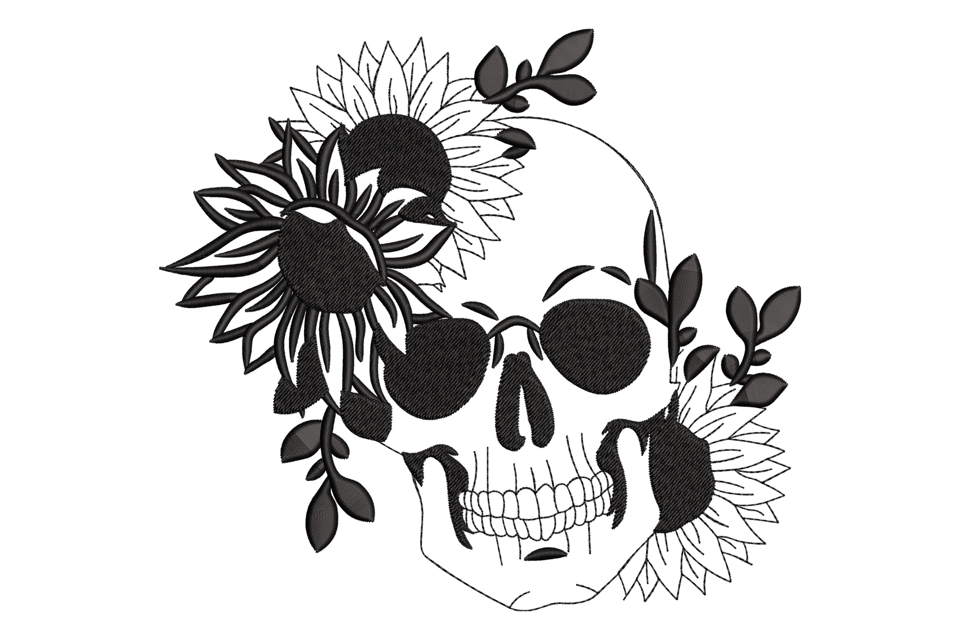 Floral skull line art embroidery, single colour botanical outline, roses and leaves forming skull, gothic, 6.81 inch max size