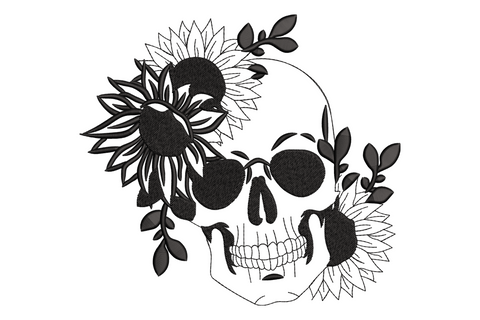 Floral skull line art embroidery, single colour botanical outline, roses and leaves forming skull, gothic, 6.81 inch max size