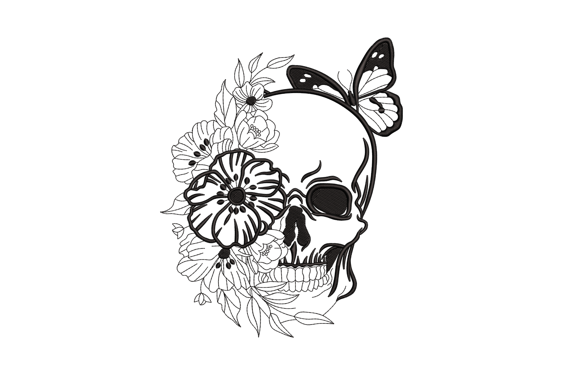 Floral skull with butterfly embroidery design, black monarch butterfly on skull forehead with peony flowers, machine embroidery pattern for bandanas and linen.