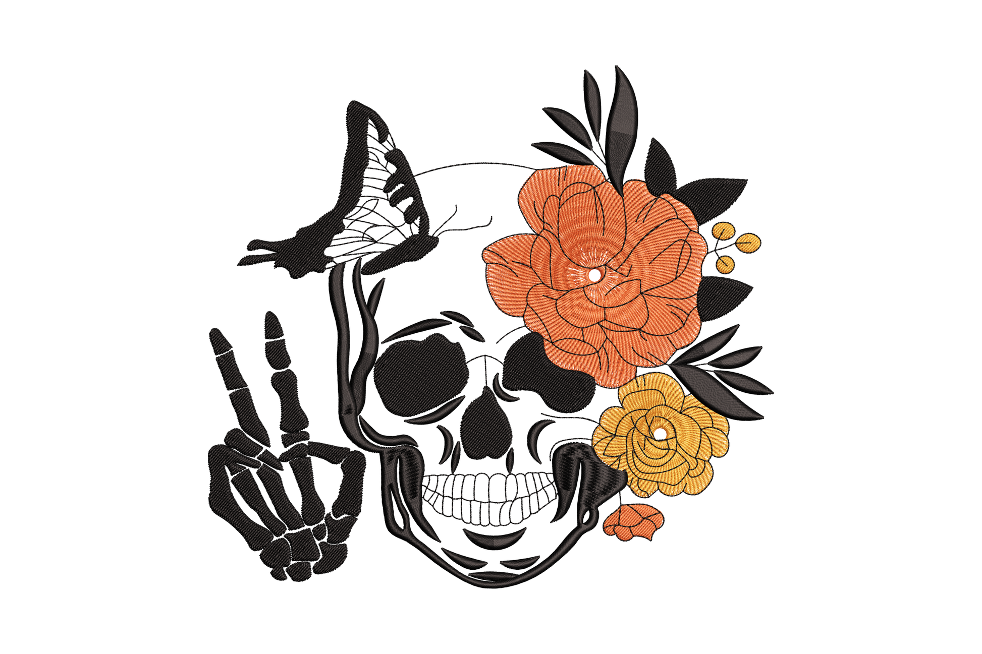 Floral skull with butterfly hand sign embroidery design, 3-colour orange roses and black skull with rock-on skeletal hand, gothic machine embroidery pattern.