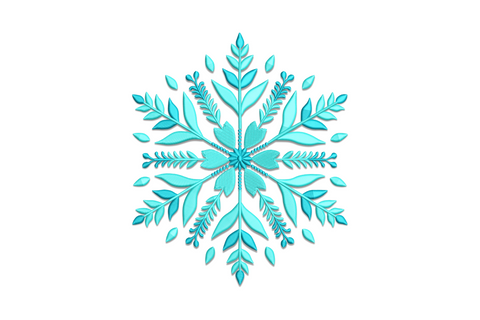 Floral snowflake embroidery design with six arms tipped in botanical petals, icy white and navy blue, symmetrical layout on neutral ground.