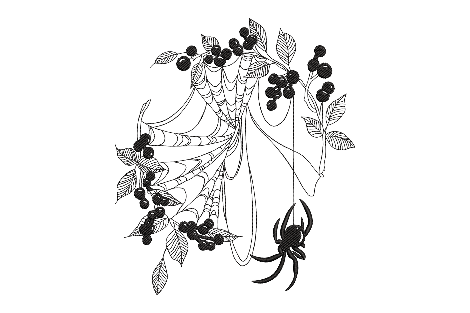 Botanical spider web embroidery design with berry branches and hanging spider, single black thread line art with draped web folds and leaf shading