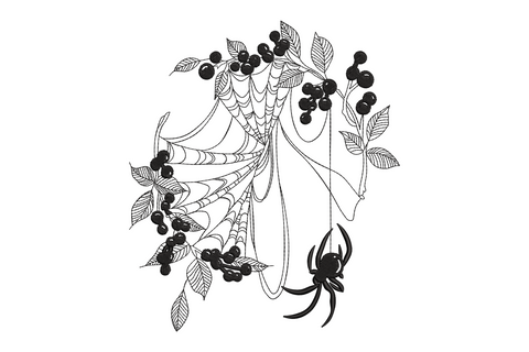 Botanical spider web embroidery design with berry branches and hanging spider, single black thread line art with draped web folds and leaf shading