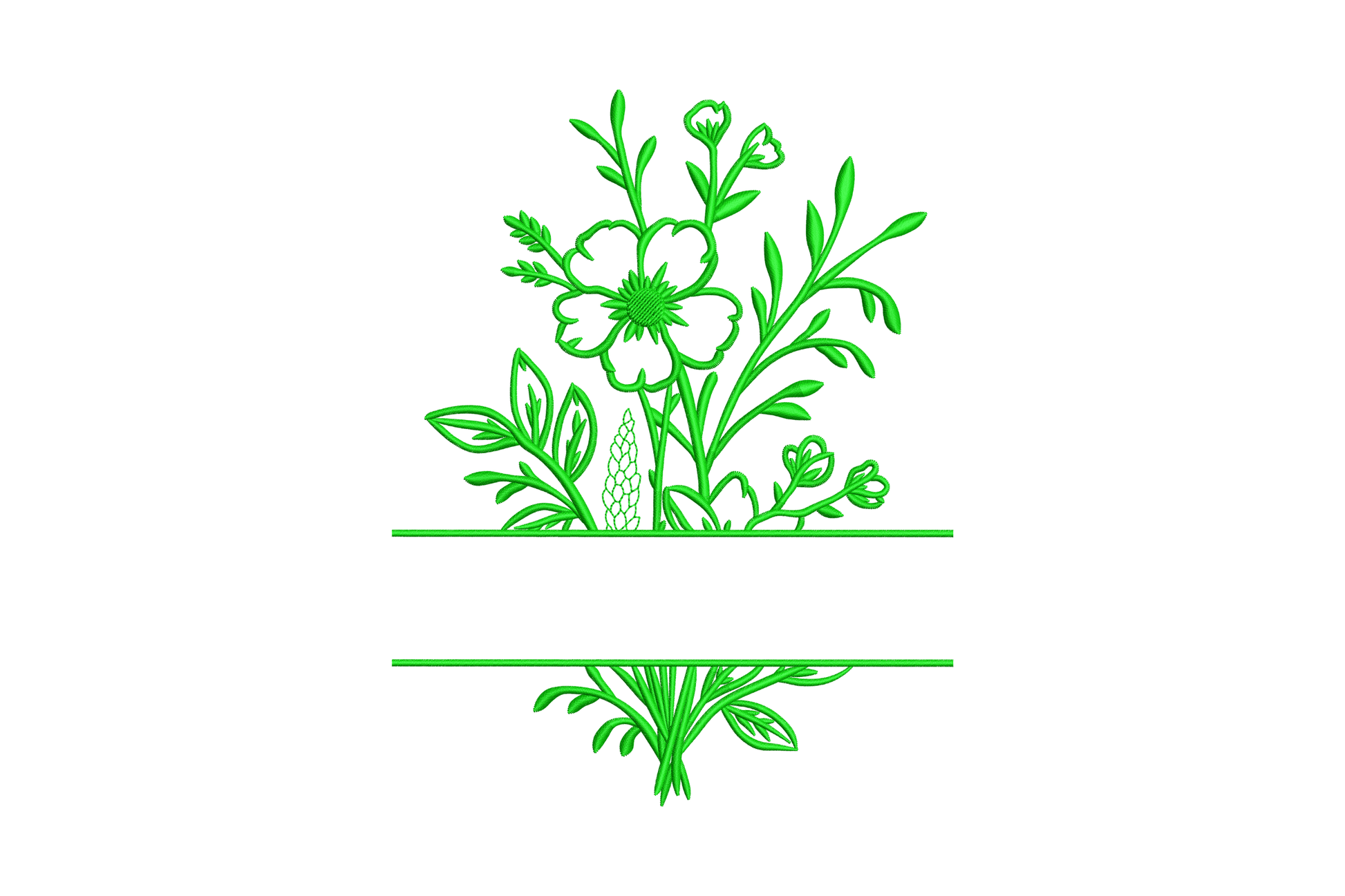 Floral split monogram embroidery design, green linework hibiscus and wildflowers above a horizontal split line for initial